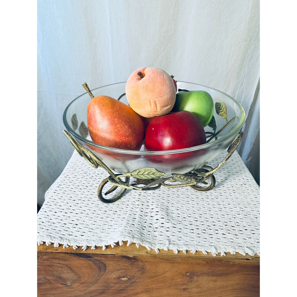 Decorative Fruit Bowl Set Gold Glass Iron Leaf Rustic Decor Boho Vintage